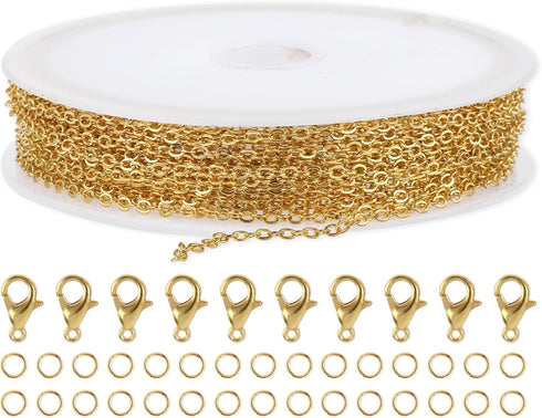 WLLHYF Gold Plated Chain 196 Inches Stainless Steel Metal Cable Link Chain Roll with 10 Lobster Clasps 30 Jump Rings Necklace Earring Bracelet Ext...