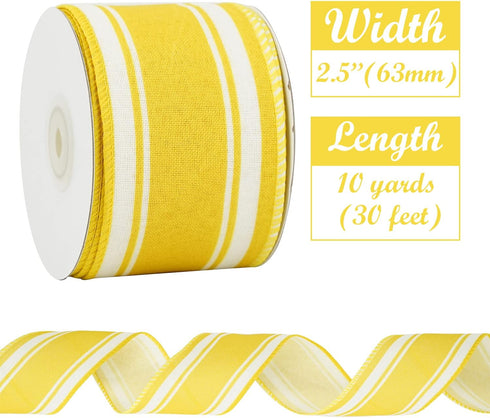 HUIHUANG Yellow Stripe Ribbon Wired Edge Craft Ribbon Yellow Burlap Ribbon Summer Lemon Wreath Ribbon 2.5 Inch X 10 Yards for DIY Crafts Bows Wrea...