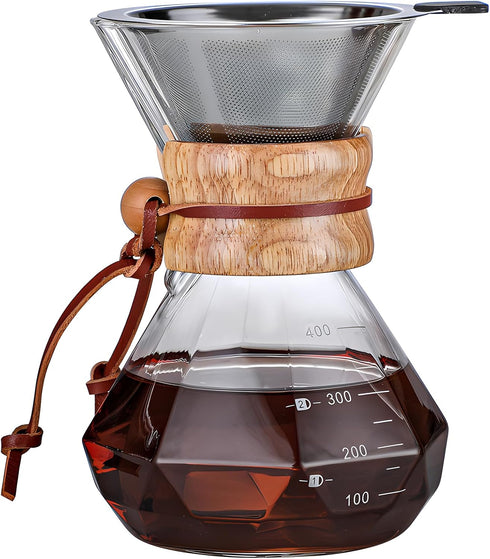 Pour Over Coffee Maker with Reusable Stainless Steel Drip Filter, Lead-Free Borosilicate Glass Coffee Carafe with Modern Wooden Collar for 1-2Cup,...