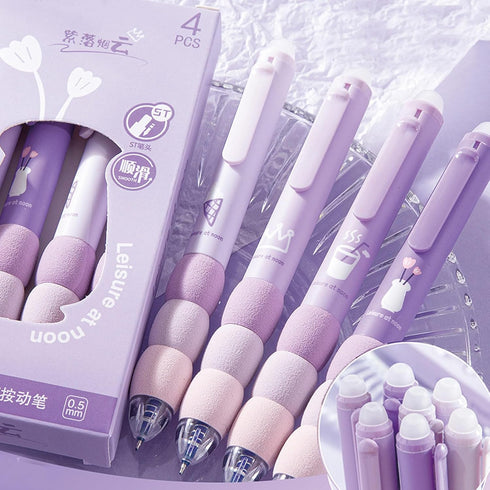 4 Pcs Erasable Gel Pens Cartoon Retractable Cute Purple Pens Soft Grip Pens 0.5mm Black Ink Pen Office School Pens Women Girls Boys Pens (Black In...