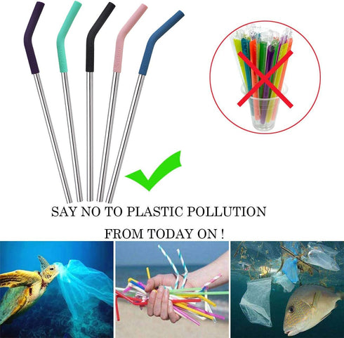 Senneny Set of 5 Stainless Steel Straws with Silicone Flex Tips Elbows Cover, 2 Cleaning Brushes and 1 Portable Bag Included (Silver)- 6mm diamete...