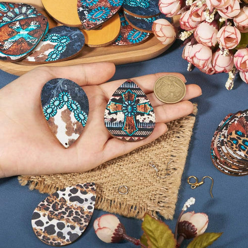 Elecrelive Teardrop Wood Earring Making Kit 36pcs Western Style Printed Earring Charms Big Boho Vintage Wood Pendants with Cowhead Turquoise Cross...