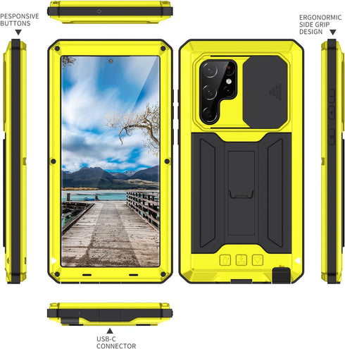 Samsung Galaxy S22 Ultra 5G 2022 Rugged case with Screen Protector Stand Camera Slide Cover for Samsung S22 Ultra Metal Military Sturdy Armour Sho...