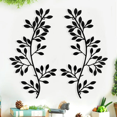 YGAOHF 2 PCS Black Metal Tree Leaf Wall Decor with 2 Dove Stickers, Vine Olive Branch Art Wrought Iron Scroll Sculptures Above The Bed, Indoor Out...