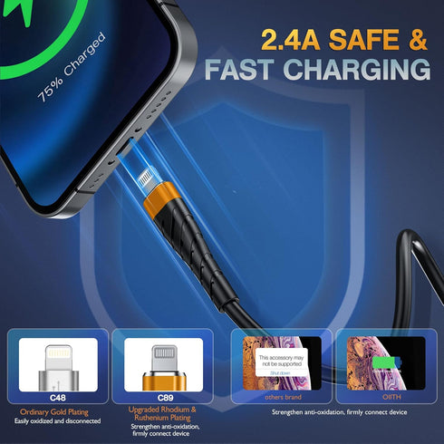 OIITH MFi Certified for iPhone Charger Cable 3 Pack 3 Ft, for Lightning Charging Cord, Fast 2.4A for iPhone USB Cord Compatible with iPhone12/11/X...