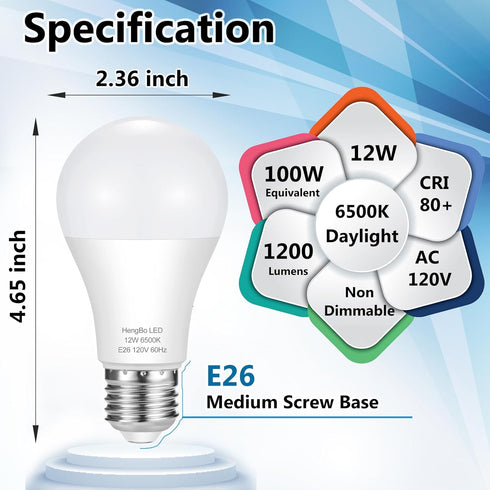 A19 LED Light Bulbs 100 Watt Equivalent, HengBo 6500K Daylight White Light Bulb, 12W 1200 Lumens, Non-Dimmable, E26 Standard Medium Base Super Bri...