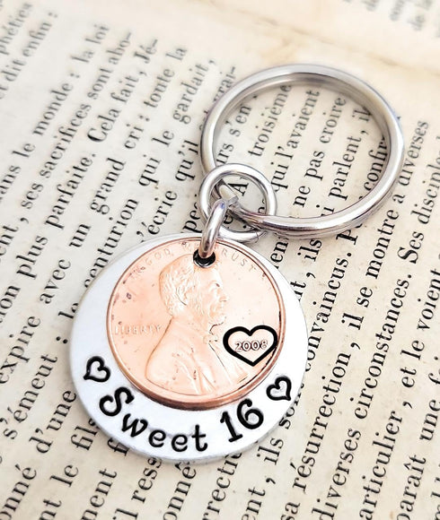 Sweet 16 Happy 16th Birthday Coin Lucky 2008 (Birth Year) Penny Key Chain Gift for Teenage New Driver...