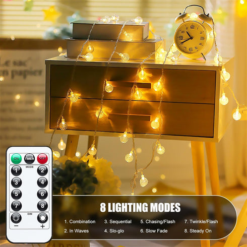 Minetom Crystal Globe String Lights Battery Operated - 17 ft 30 LED Globe Fairy Lights with Remote and 8 Modes, Waterproof for Bedroom Tent Loft C...