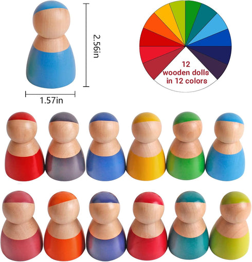 SHIERDU 12 PCS Rainbow Wood Peg Dolls Wooden Pretend Play People Figures for Toddlers Preschool Learning Educational Toys Wooden Toddler Toys for ...