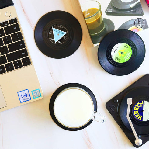 Funny Retro Record Coasters for Drinks with Vinyl Player Holder for Music Lovers,Set of 6 Conversation Piece Sayings Drink Coaster,Housewarming Ho...