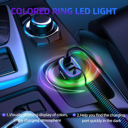 4-Port 30W USB-C & 18W USB-A QC3.0 Fast Charging Car Charger with Colorful Ring LED Light and Coiled Cable for iPhone 15, Samsung S24, Pixel, Tabl...