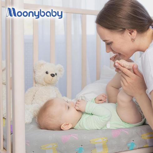 Moonybaby Baby Crib Sheet - 100% Organic Cotton Crib Sheet Unisex - for Standard Crib and Toddler Mattresses (Jersey with Animal Printing)...