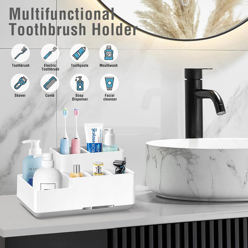 Electric Toothbrush Holder, Detachable Non-Slip Bathroom Organizer Countertop with 6 Compartments and Drainage Holes Bathroom Organizer for Bathro...