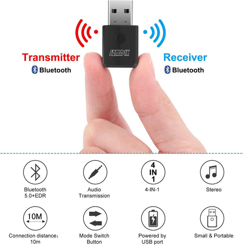 SZMDLX USB Bluetooth 5.0 Transmitter Receiver 4 in 1, Portable Wireless Audio Transmitter/Receiver, Adapter, Ideal Wireless Audio Auxiliary Adapte...
