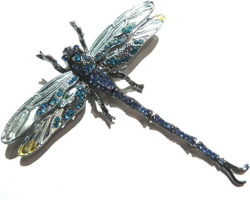 Large Rhinestone Dragonfly Convertible Brooch or Pendant Blue Enamel Insect pin...