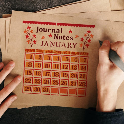 FINGERINSPIRE Calendar Stencil Template 11.8x11.8 inch Journal Notes Painting Stencil Plastic Number Month Week Letter & Flowers Patterns Stencil ...