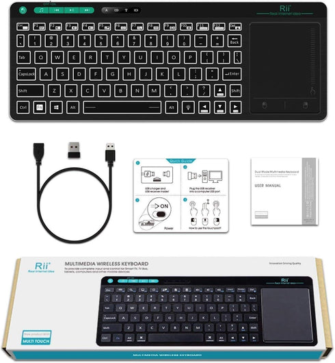 Rii K18 Plus Wireless 3-LED Color Backlit Multimedia Keyboard with Multi-Touch Big Size Trackpad,Rechargable Keyboard for Android TV Box,PC,Smart ...