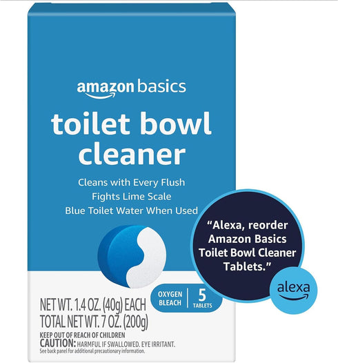 Amazon Basics Toilet Bowl Cleaner Blue Tablets with Oxygen Bleach, Unscented, 5 Count, Pack of 1...