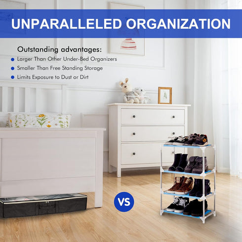 Surblue Under Bed Shoe Storage Organizer Underbed Shoes Closet Storage Solution 2 Metal zippers and 3 Handles with Clear Cover for Men's and Women...