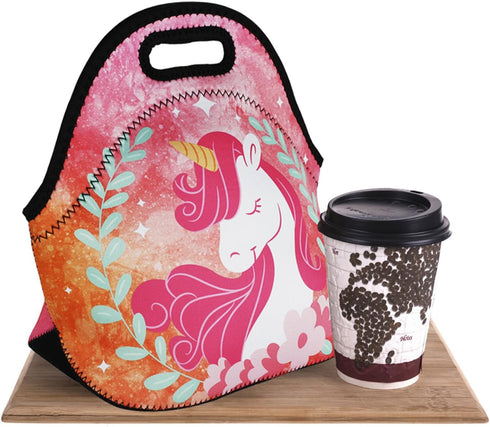 Violet Mist Cute Unicorn Neoprene Lunch Bag Pink Reusable Lunch Box Insulated Lunch Bags Tote Thermal Waterproof Lunch Handbag with Zipper Picnic ...