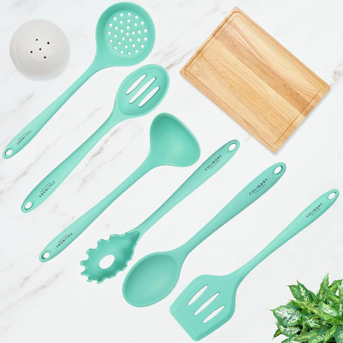 Culinary Couture Aqua Sky Silicone Cooking Utensils Set - Sturdy Steel Inner Core - Spatula, Mixing & Slotted Spoon, Ladle, Pasta Server, Drainer ...