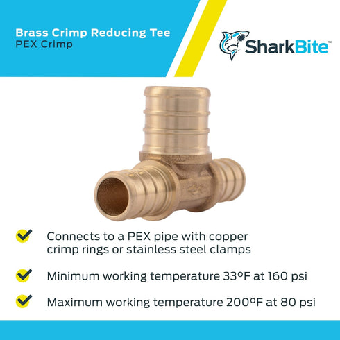 SharkBite 1/2 Inch x 1/2 Inch x 3/4 Inch Crimp Reducing Tee, Bullnose, Brass Plumbing Fitting, PEX Pipe, PE-RT, UC408LFA...