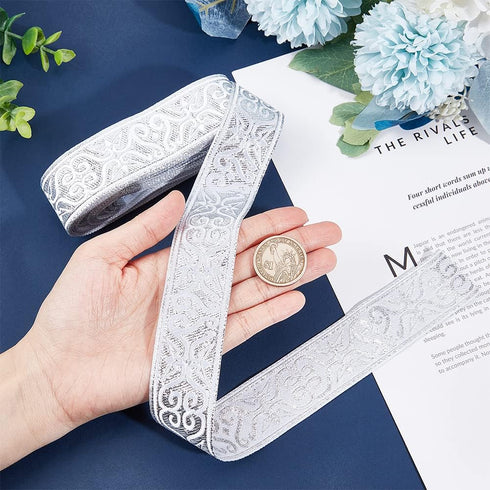 NBEADS 7.7 Yards Silver Jacquard Ribbon Trim, 1-1/4 Inch Wide Boho Woven Trim Ethnic Floral Ribbon Embroidery Polyester Flat Ribbon for DIY Craft ...