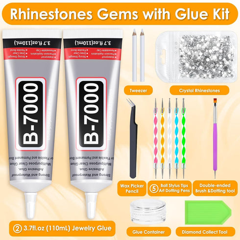 B7000 Glue Clear for Rhinestones, 2Pcs 110mL B-7000 Jewelry Bead Gem Glue with Crystal Rhinestones, Tweezer Dotting Rhinestone Tool for Clothe Fab...