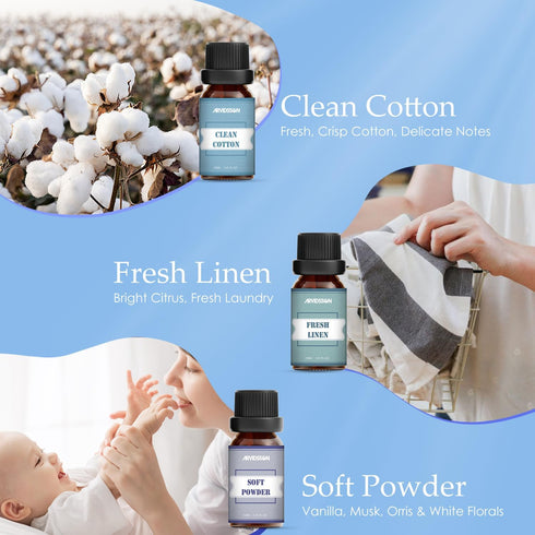 Clean Essential Oils Set, ARVIDSSON Premium Fragrance Oil for Clean Home, Soap Making - Clean Cotton, Fresh Linen, Clean Air, Soft Powder, Blossom...