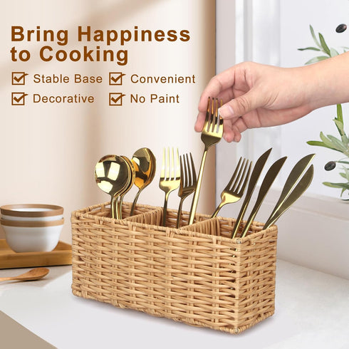 Ayiaren Wicker Flatware Silverware Caddies Cutlery Holder Best Kitchen Silverware Organizer Storage for Countertop Silverware Utensils Holder Part...