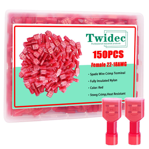 Twidec/150PCS Nylon Spade Connectors Kit 22-18 Gauge Quick Disconnect Fully Insulated Female Wire Spade Terminal Assortment Kit Red N-066-R-Fe...