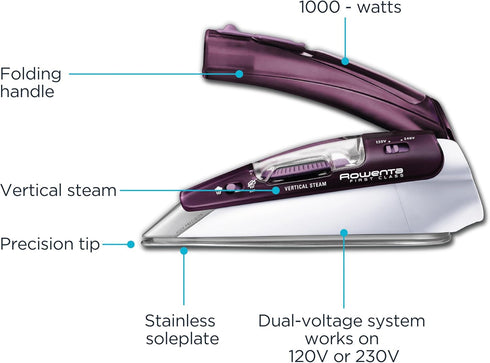 Rowenta Travel Iron, Pro Compact Stainless Steel Soleplate Hand Held Steamer Iron for Clothes, 200 Microsteam Holes, 1000 Watts Ironing, Fabric St...