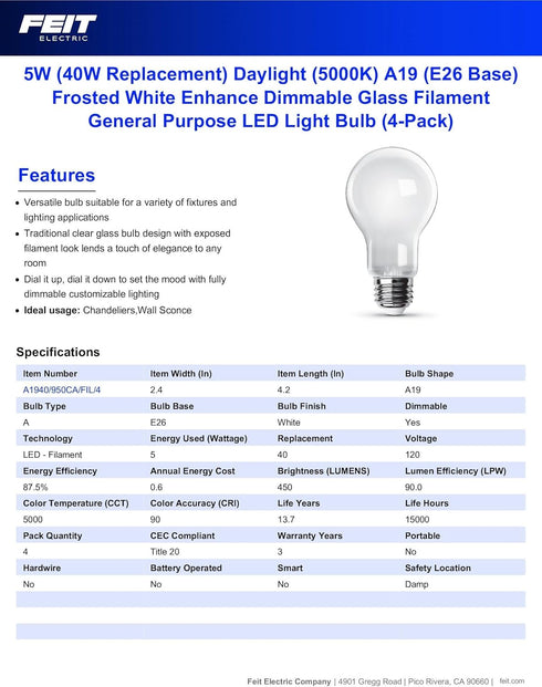 Feit Electric A19 LED Filament Light Bulbs, 40W Equivalent, Dimmable, E26 Standard Base, 450 Lumens, 5000K Daylight, 13 Years Lifetime, Frosted Wh...