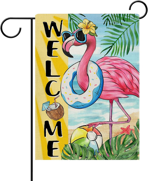 Welcome Summer Flamingo Decorative Garden Flag, Beach Coastal Swim Ring Tropical Palm Leaves Yard Outside Home Decoration, Hawaii Aloha Nautical O...