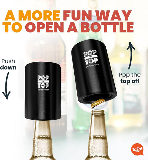 Pop-the-Top Beer Bottle Opener (Black): Automatic Bottle Cap Opener, Push Down Pop Off Bar Tool, Soda and Beer Cap Remover, Cool & Fun Gadget...