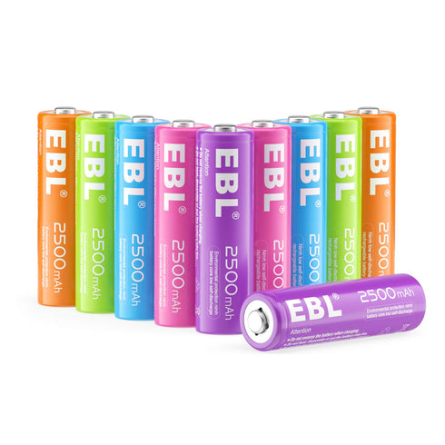 EBL AA Rechargeable Batteries 2500mAh (10 Pack - 5 Colors in One Box) Pre-Charged 1.2V NiMH Double A Battery...