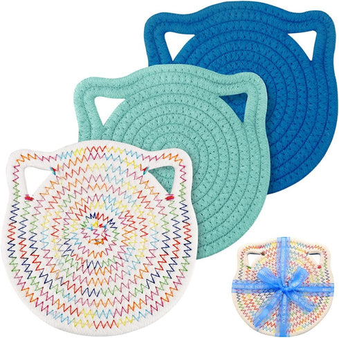 7" Cotton Trivets Set, 3Pcs Cute Cat Ear Pot Holders Woven Hot Pads Mats Thick Heat Resistant for Hot Pots and Pans Round Hot Plate Holder Washabl...