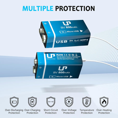 LP 9V Rechargeable Battery Pack, 2-Pack 800mAh Li-ion 9 Volt USB Battery with Micro USB Charging Port for Alarms, Wireless Microphones, Smoke Dete...
