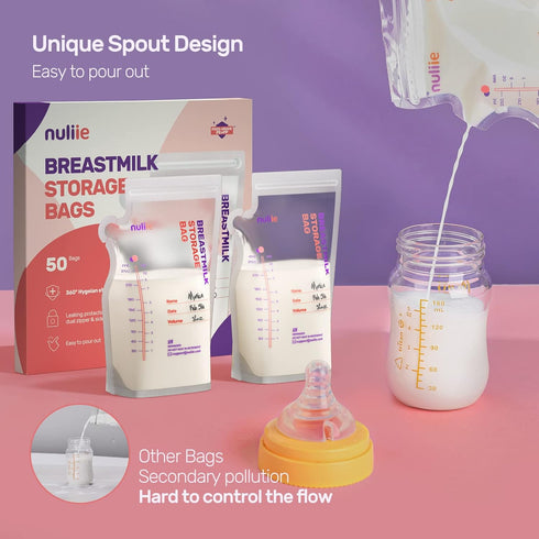 Nuliie 50 Pcs Breastmilk Storage Bags, 8 OZ Breast Milk Storing Bags, BPA-Free, Milk Storage Bags with Pour Spout for Breastfeeding, Self-Standing...