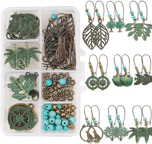 SUNNYCLUE 1 Box DIY 9 Pairs Metal Hollow Bohemian Vintage Dangle Earrings Jewelry Making Starter Kit Alloy Green Patina Tree Leaf Coin Sea Horse C...