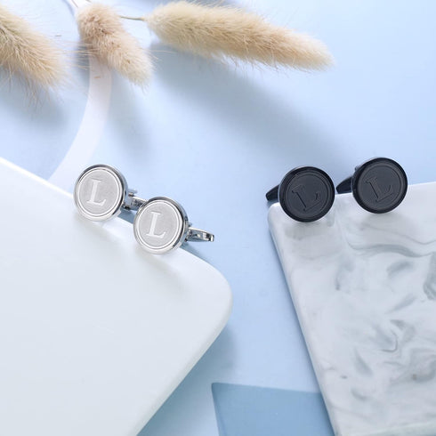 ORAZIO Cufflinks For Men Engraved Initials Cufflinks Silver Black Set Stainless Steel Tuxedo Shirt Cuff Links Letter Alphabet A-Z Gift With Box Fo...