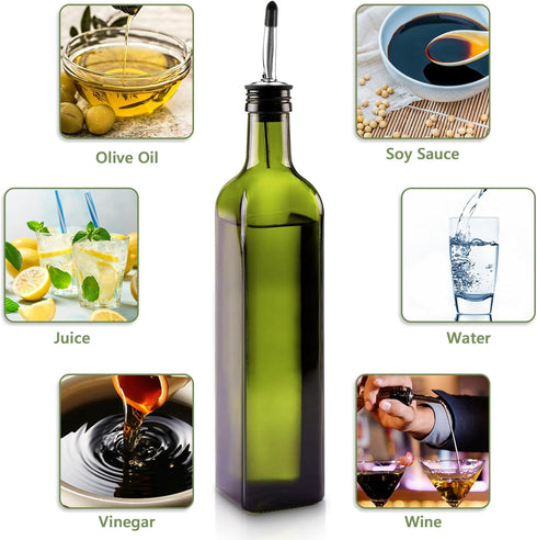 Glass Olive Oil Dispenser, Green Oil and Vinegar Cruet Bottle 17 oz/500 ml, Square Tall Glass Oil Container with 2 Stainless Steel Pourers, 2 Labe...