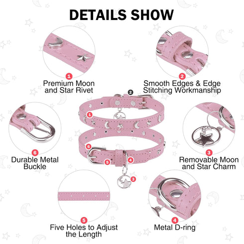 Leather Dog Collar for Puppy Small Medium Dogs, Adjustable Star and Moon Studded Pet Collars with Rust-Proof Metal Buckle and Charms, XS S Dog Col...
