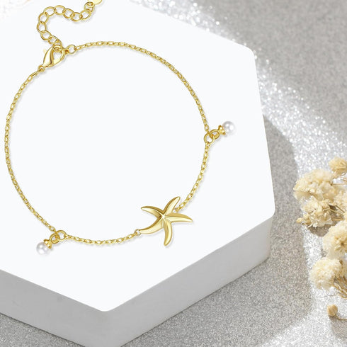 18K Gold Ankle Bracelet for Women: Starfish Ankle Chain with Pearl - Summer Beach Anklet...