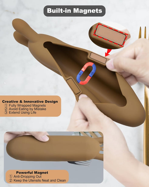 Silicone Utensil Case, Magnetic Waterproof Silverware Case for Utensil Set, Lightweight Reusable Utensil Holder for Lunch Box Camping Cutlery (Bro...