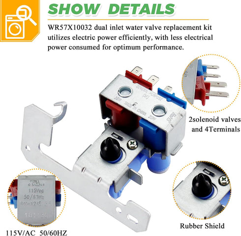 WR57X10032 WR57X33326 Refrigerator Water Inlet Valve by Techecook - Dual Solenoid Valve Compatible for GE Hotpoint Refrigerator - Replaces AP3672839 WR57X10040 PS901314 AP3192626 WR57X10064 WR57X98