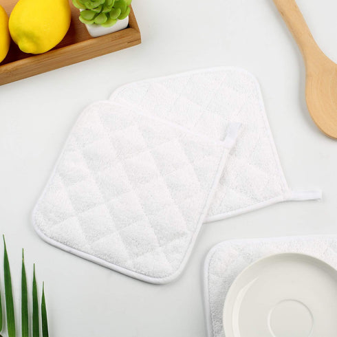 100% Cotton Kitchen Everyday Basic Terry Pot Holder Heat Resistant Coaster Potholder for Cooking and Baking Set of 5 White...