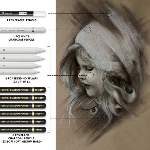 Charcoal Drawing Set -12 pc Black charcoal pencils, White Charcoal Pencils, Eraser Pencils, Blending Stumps for Drawing, Sketching, Shading, Artis...