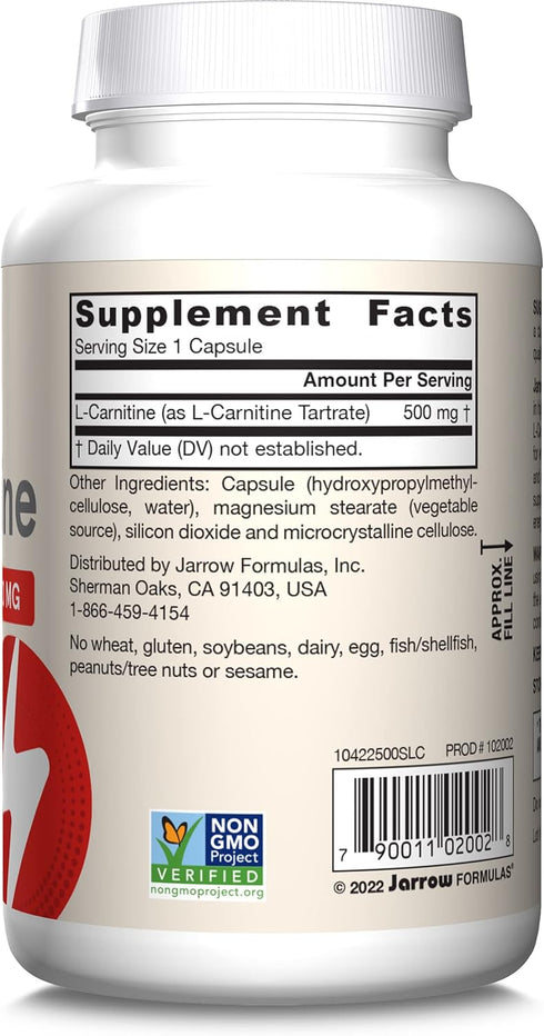Jarrow Formulas L-Carnitine 500 mg, Dietary Supplement, Support for Cellular Energy Production, 100 Veggie Capsules, 100 Day Supply...