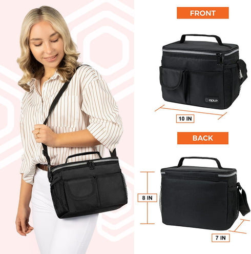 opux Insulated Lunch Bag for Men Women, Leakproof Black Lunch Box for Work, Portable Soft Lunch Cooler Bag with Shoulder Strap, Adult Lunchbox Lun...
